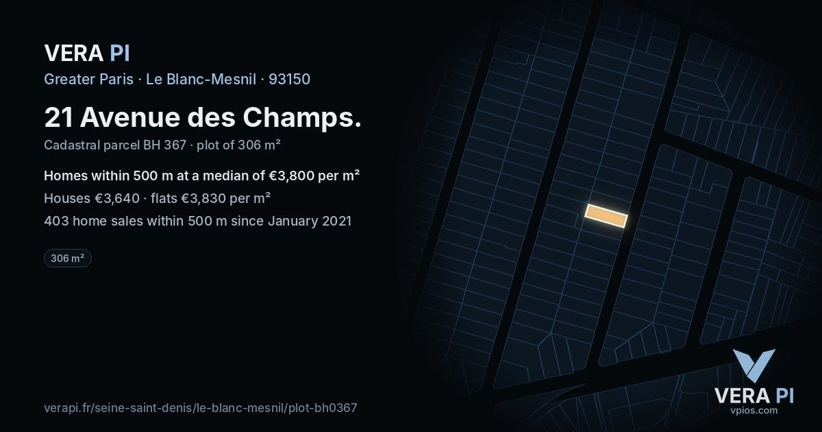 21 Avenue des Champs, Le Blanc-Mesnil at night – the plot lit, the parcels around coloured by the prices near them