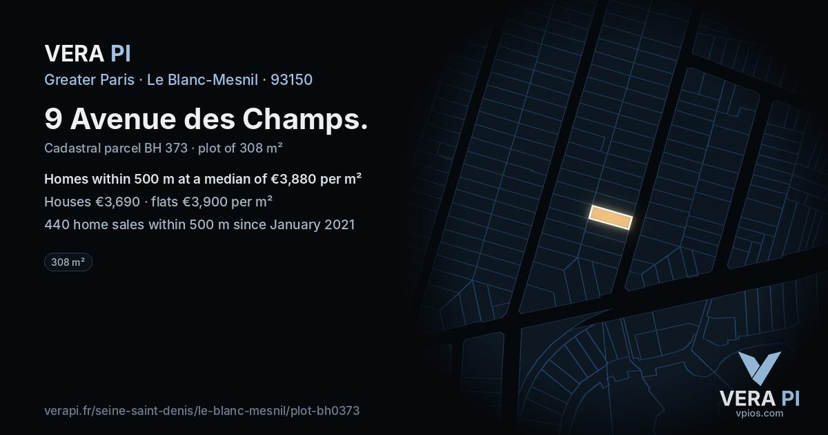 9 Avenue des Champs, Le Blanc-Mesnil at night – the plot lit, the parcels around coloured by the prices near them