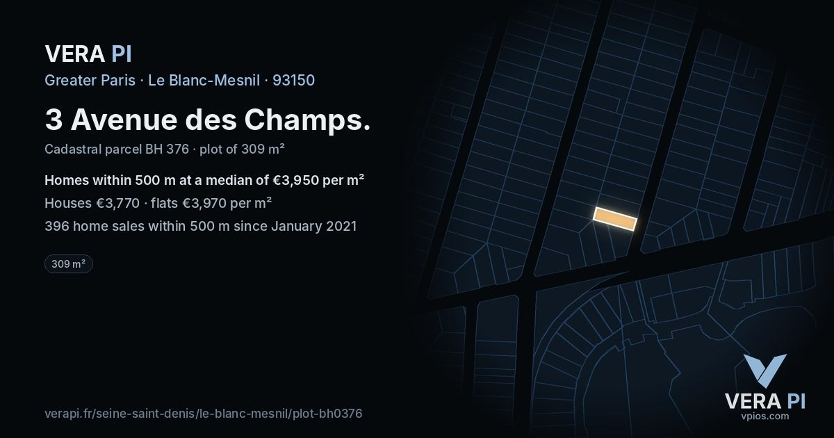 3 Avenue des Champs, Le Blanc-Mesnil at night – the plot lit, the parcels around coloured by the prices near them