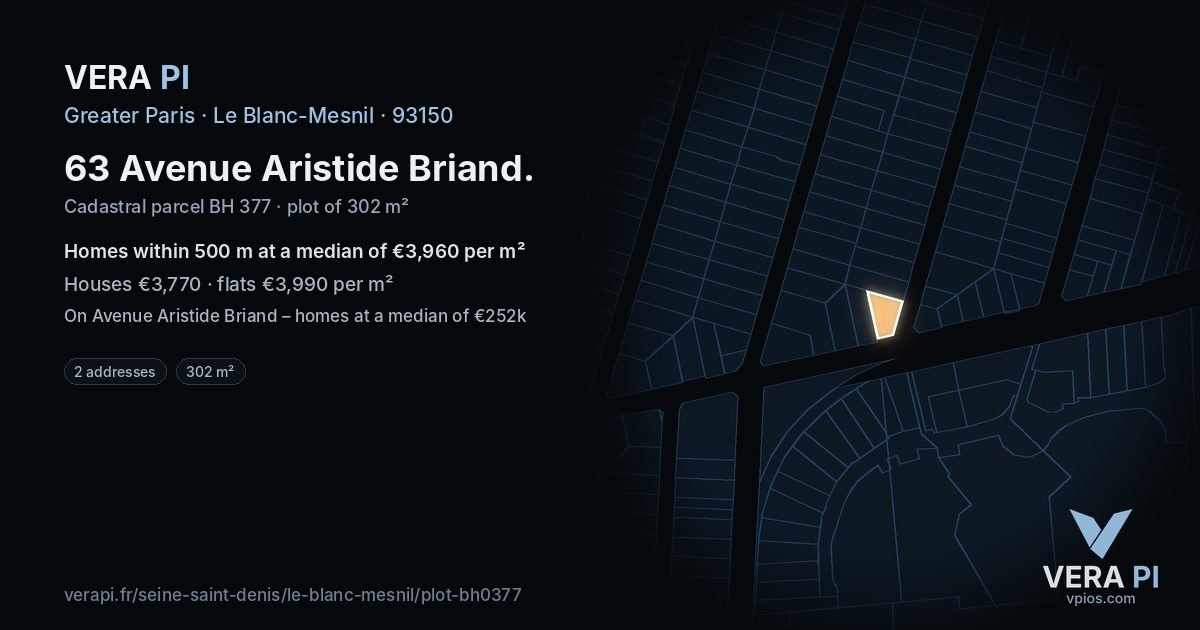63 Avenue Aristide Briand, Le Blanc-Mesnil at night – the plot lit, the parcels around coloured by the prices near them