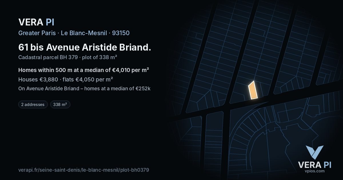 61 bis Avenue Aristide Briand, Le Blanc-Mesnil at night – the plot lit, the parcels around coloured by the prices near them