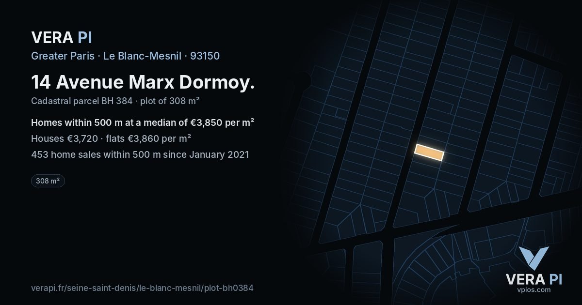 14 Avenue Marx Dormoy, Le Blanc-Mesnil at night – the plot lit, the parcels around coloured by the prices near them