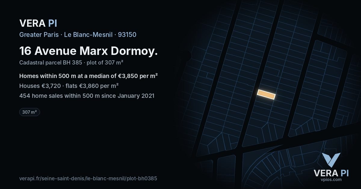 16 Avenue Marx Dormoy, Le Blanc-Mesnil at night – the plot lit, the parcels around coloured by the prices near them