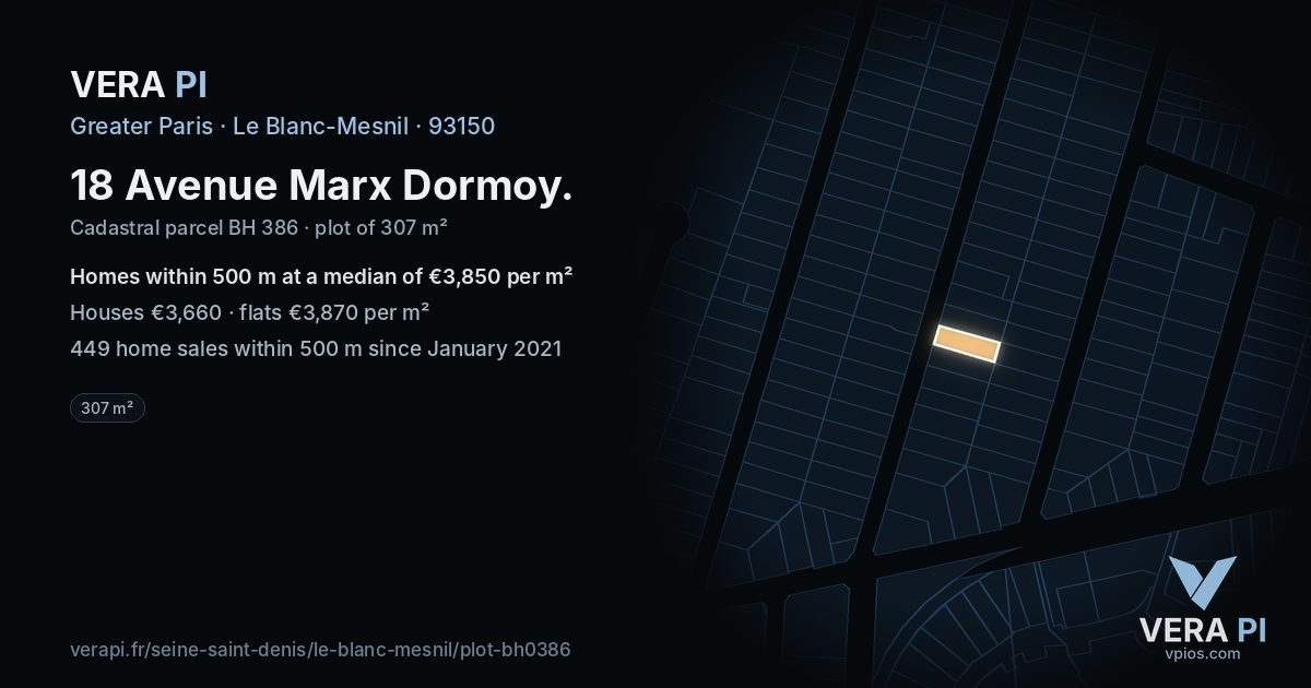 18 Avenue Marx Dormoy, Le Blanc-Mesnil at night – the plot lit, the parcels around coloured by the prices near them