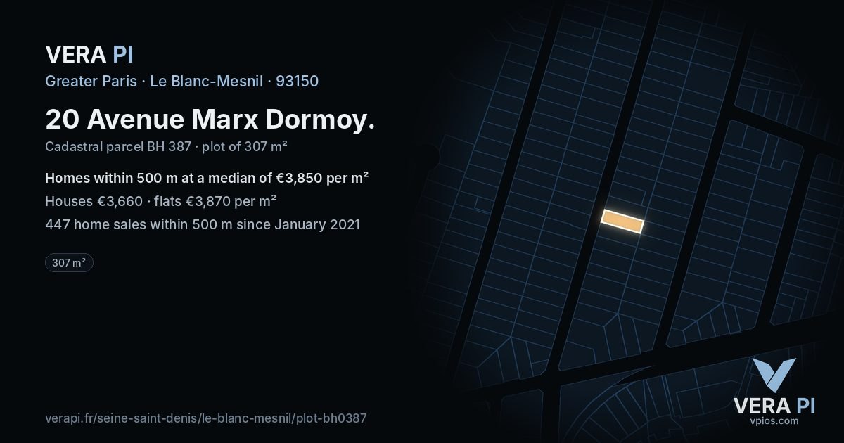 20 Avenue Marx Dormoy, Le Blanc-Mesnil at night – the plot lit, the parcels around coloured by the prices near them