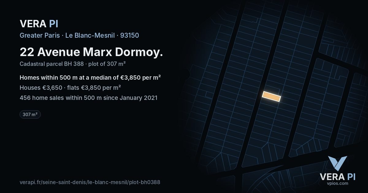22 Avenue Marx Dormoy, Le Blanc-Mesnil at night – the plot lit, the parcels around coloured by the prices near them