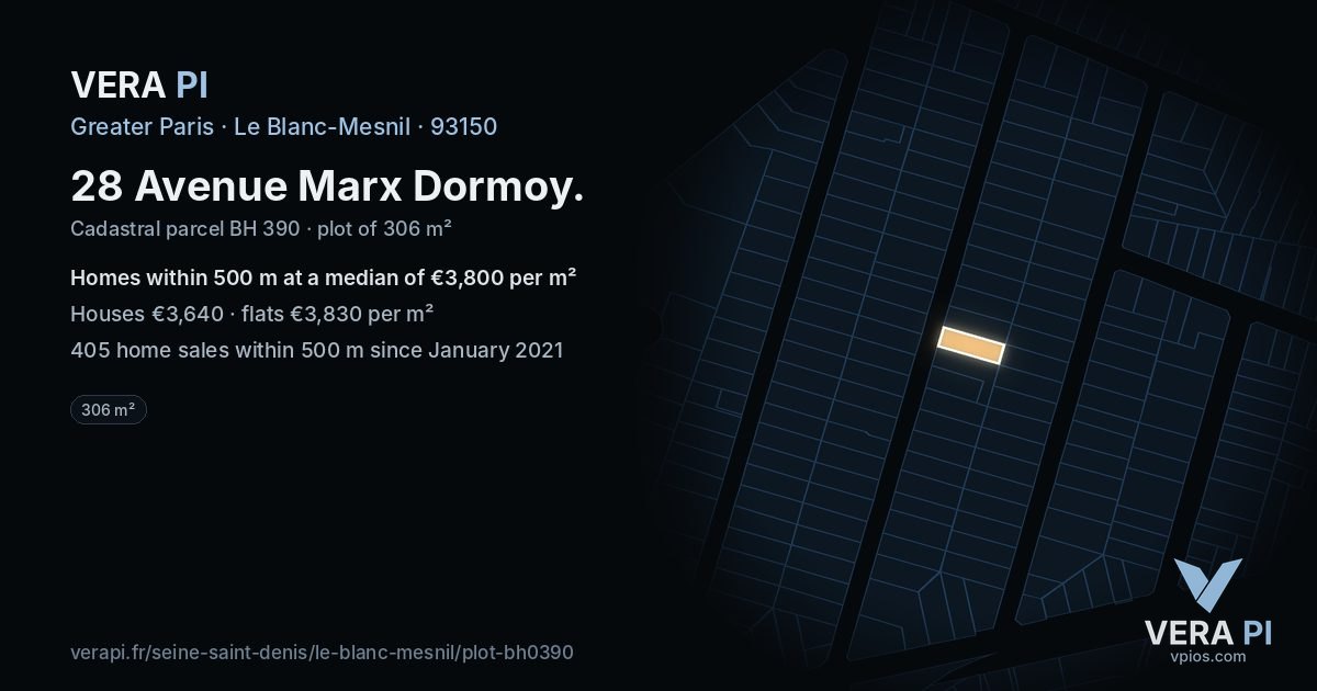 28 Avenue Marx Dormoy, Le Blanc-Mesnil at night – the plot lit, the parcels around coloured by the prices near them