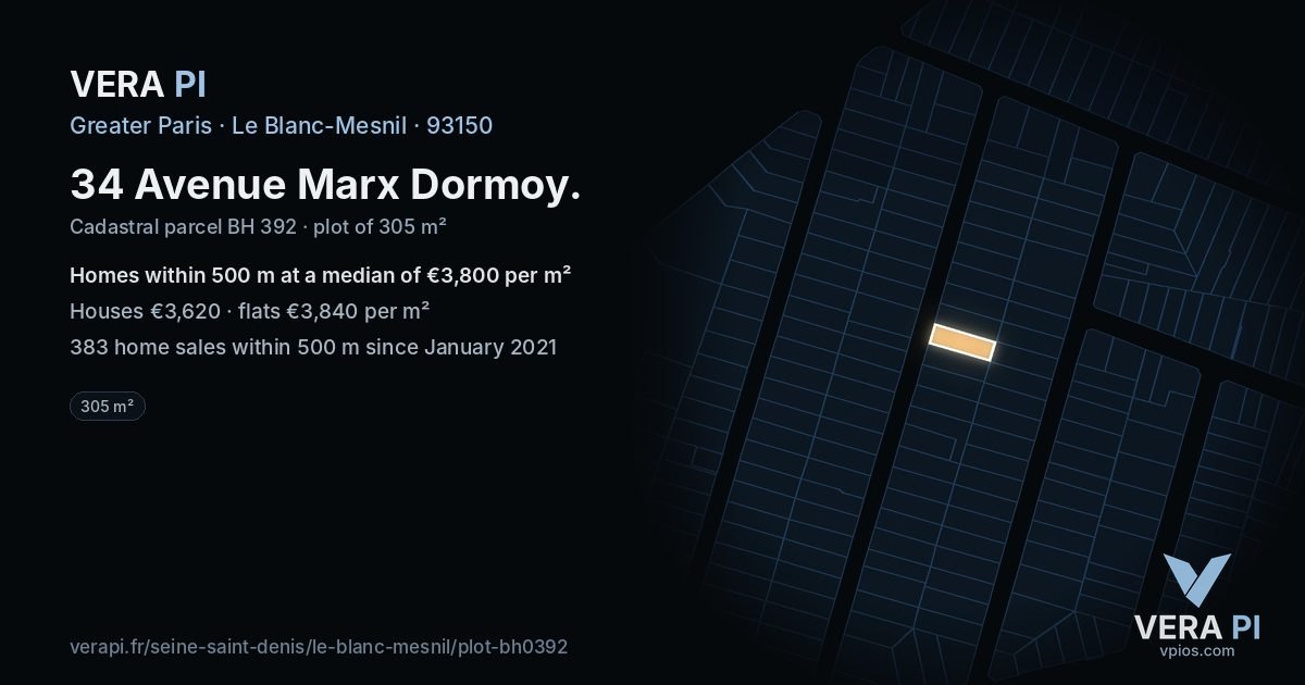 34 Avenue Marx Dormoy, Le Blanc-Mesnil at night – the plot lit, the parcels around coloured by the prices near them