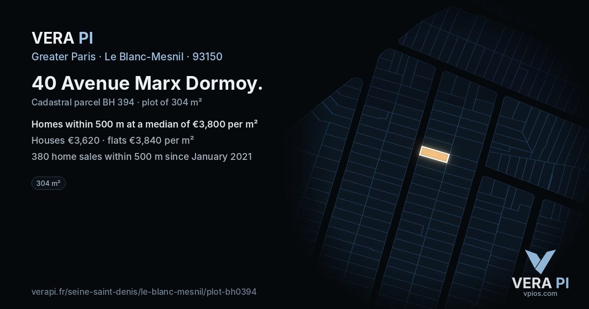 40 Avenue Marx Dormoy, Le Blanc-Mesnil at night – the plot lit, the parcels around coloured by the prices near them