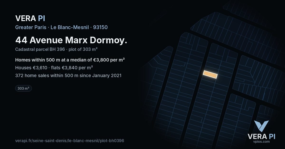 44 Avenue Marx Dormoy, Le Blanc-Mesnil at night – the plot lit, the parcels around coloured by the prices near them