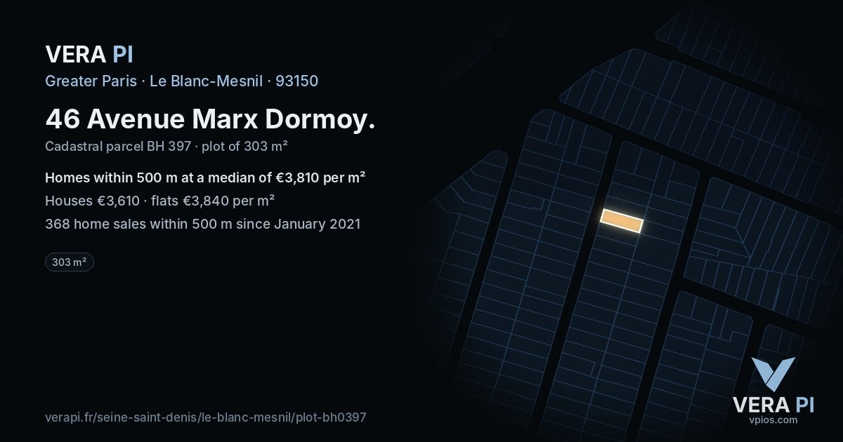 46 Avenue Marx Dormoy, Le Blanc-Mesnil at night – the plot lit, the parcels around coloured by the prices near them