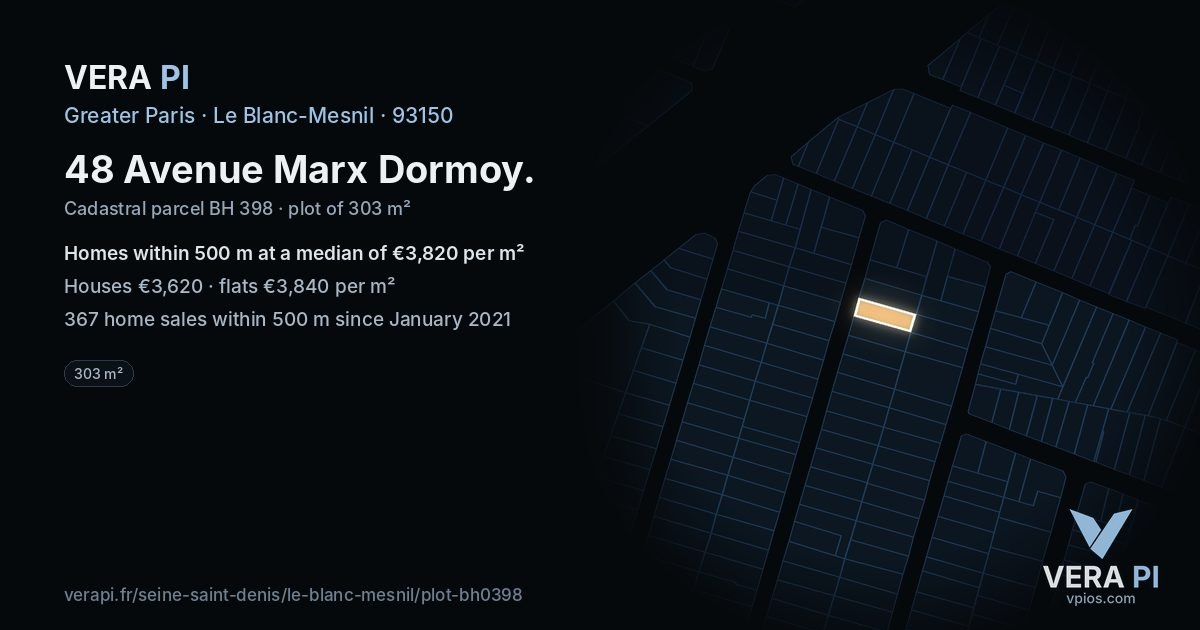 48 Avenue Marx Dormoy, Le Blanc-Mesnil at night – the plot lit, the parcels around coloured by the prices near them