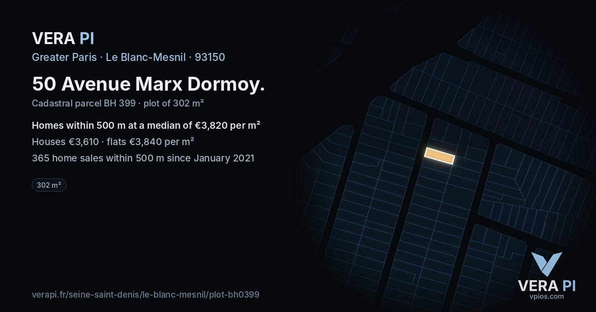 50 Avenue Marx Dormoy, Le Blanc-Mesnil at night – the plot lit, the parcels around coloured by the prices near them