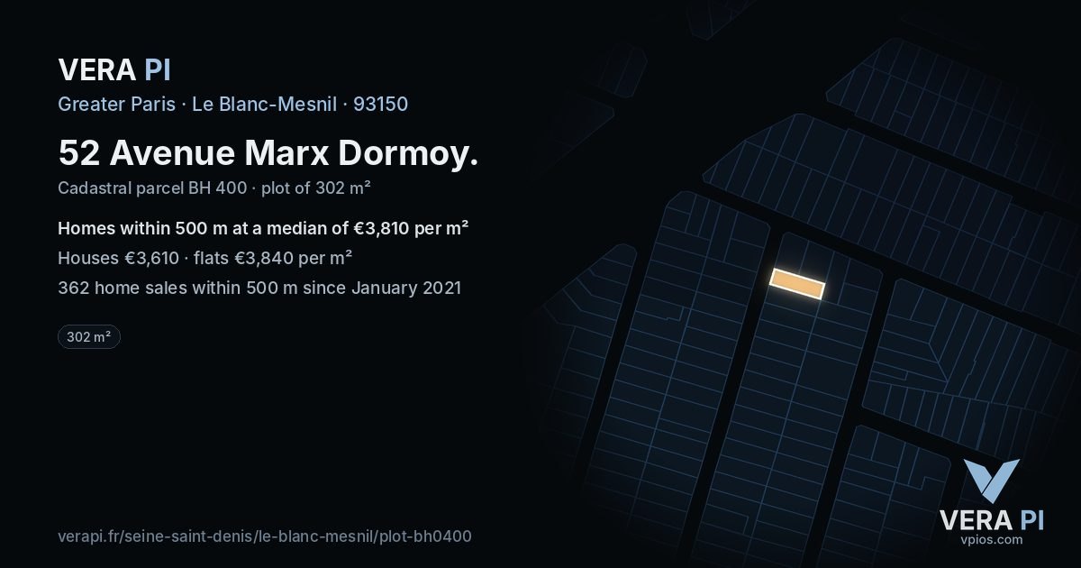 52 Avenue Marx Dormoy, Le Blanc-Mesnil at night – the plot lit, the parcels around coloured by the prices near them