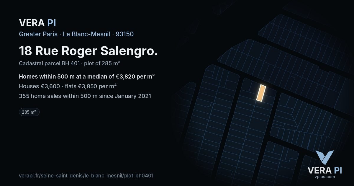 18 Rue Roger Salengro, Le Blanc-Mesnil at night – the plot lit, the parcels around coloured by the prices near them