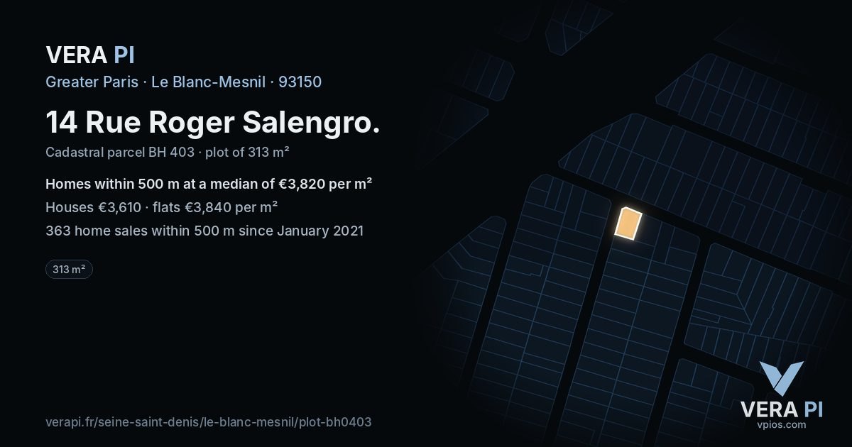 14 Rue Roger Salengro, Le Blanc-Mesnil at night – the plot lit, the parcels around coloured by the prices near them