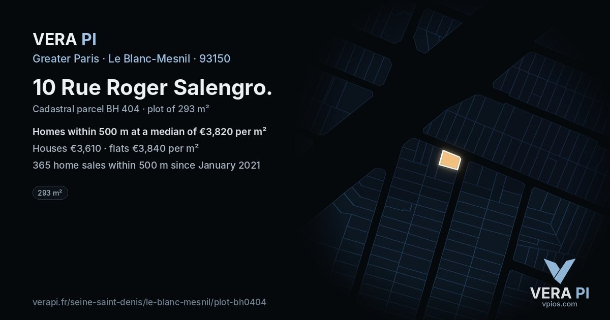 10 Rue Roger Salengro, Le Blanc-Mesnil at night – the plot lit, the parcels around coloured by the prices near them