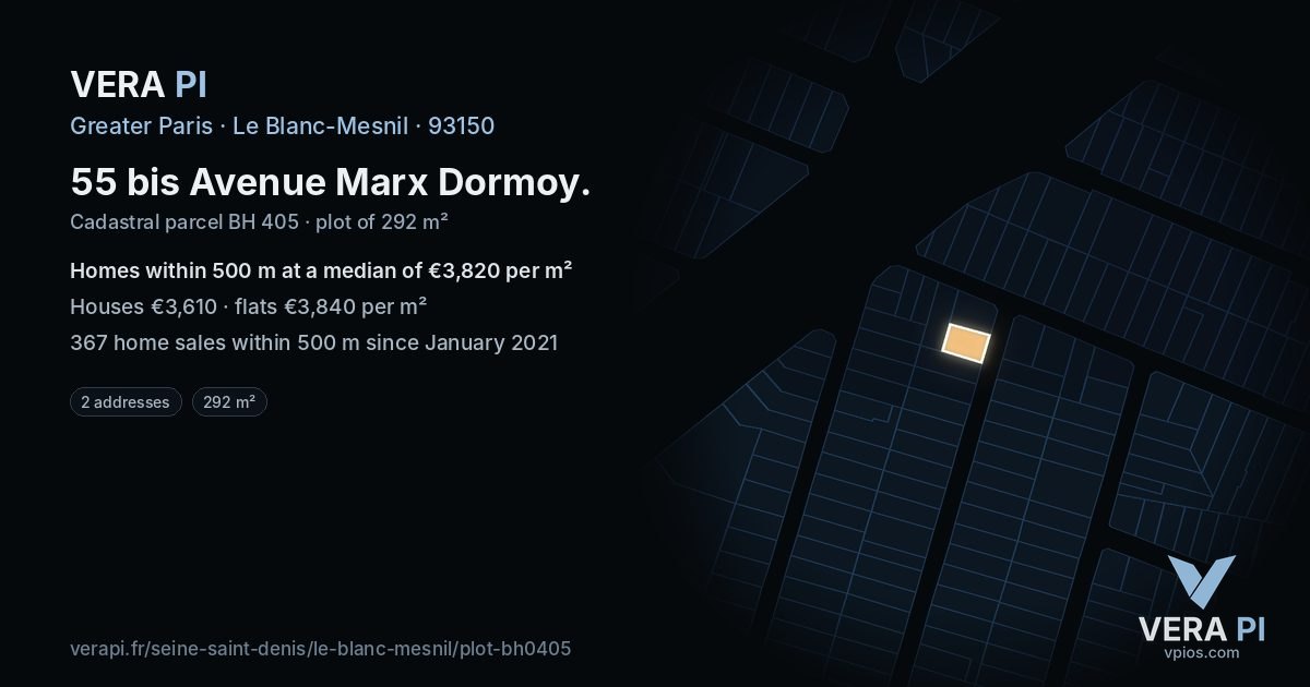 55 bis Avenue Marx Dormoy, Le Blanc-Mesnil at night – the plot lit, the parcels around coloured by the prices near them