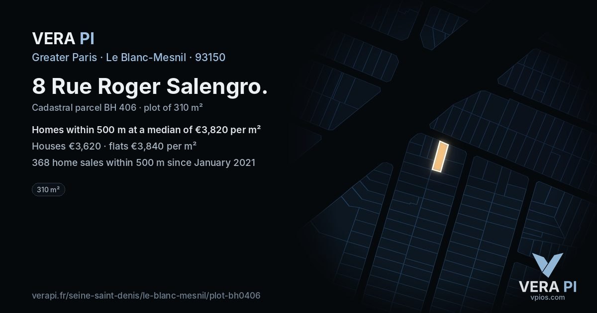 8 Rue Roger Salengro, Le Blanc-Mesnil at night – the plot lit, the parcels around coloured by the prices near them