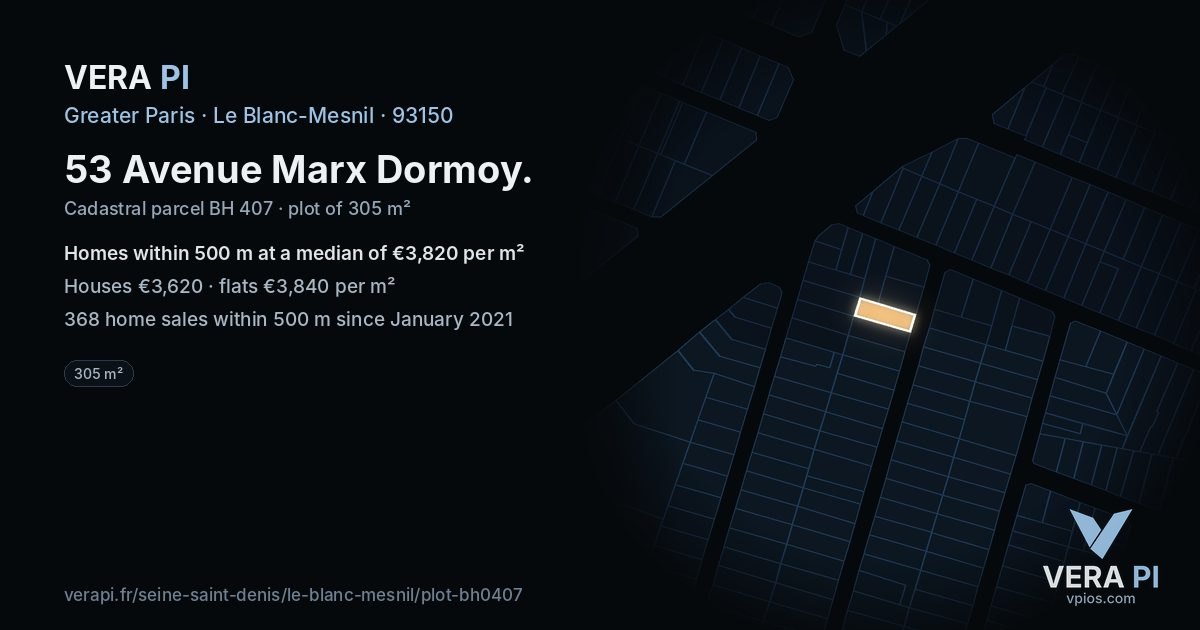 53 Avenue Marx Dormoy, Le Blanc-Mesnil at night – the plot lit, the parcels around coloured by the prices near them