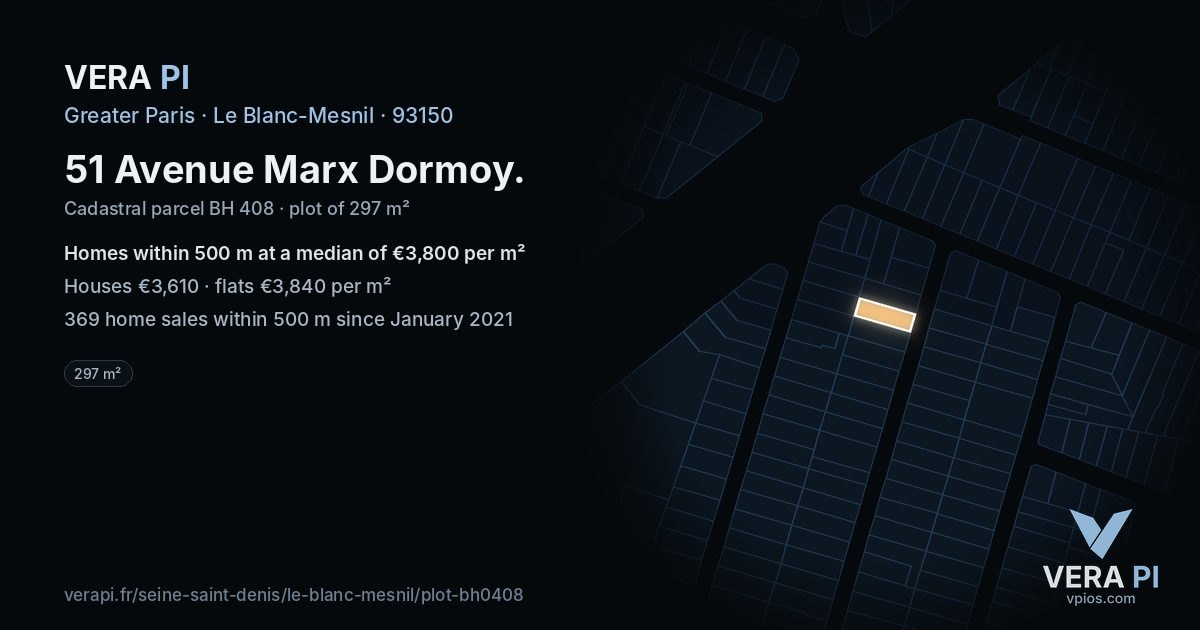 51 Avenue Marx Dormoy, Le Blanc-Mesnil at night – the plot lit, the parcels around coloured by the prices near them