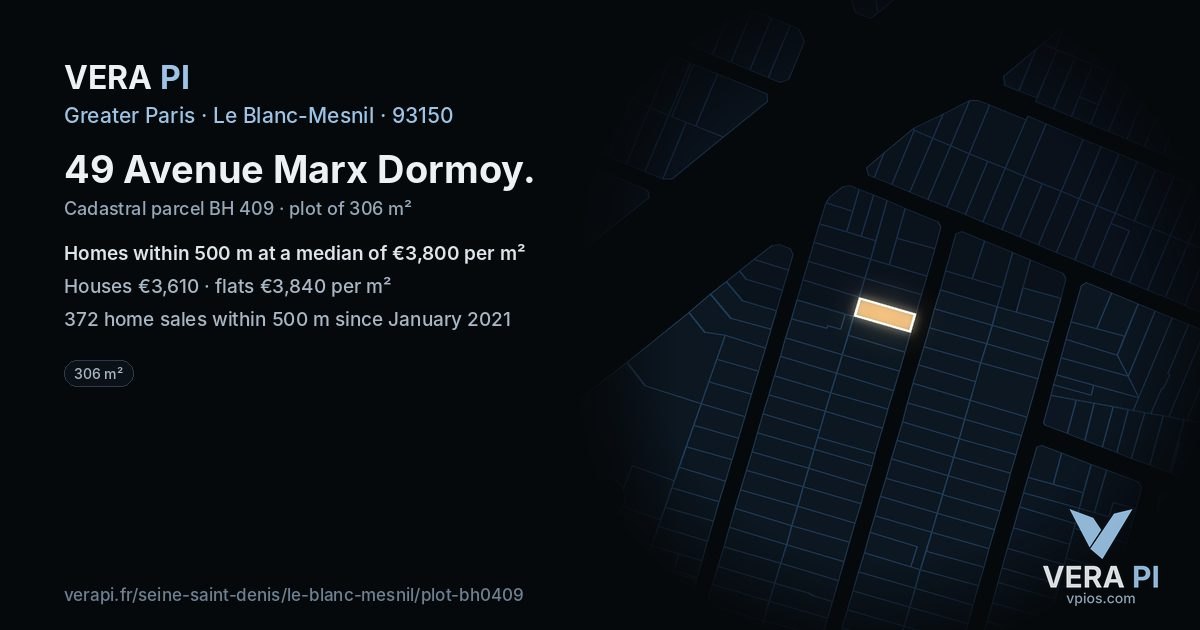 49 Avenue Marx Dormoy, Le Blanc-Mesnil at night – the plot lit, the parcels around coloured by the prices near them
