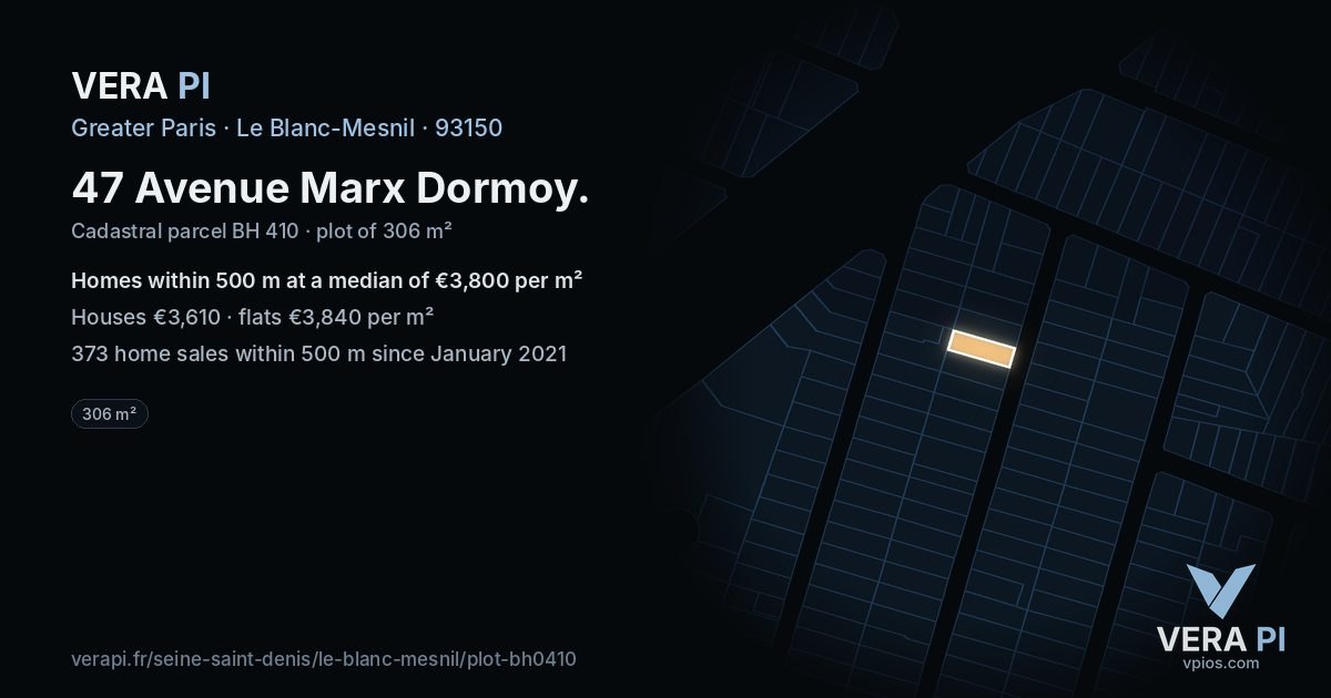 47 Avenue Marx Dormoy, Le Blanc-Mesnil at night – the plot lit, the parcels around coloured by the prices near them
