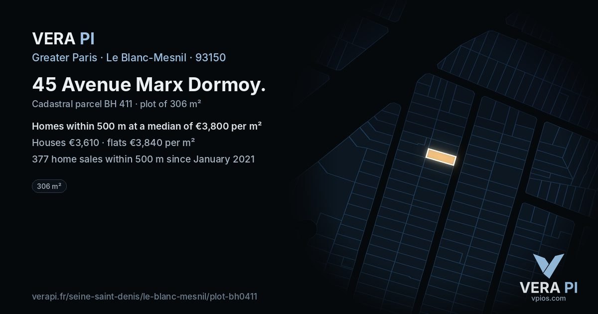45 Avenue Marx Dormoy, Le Blanc-Mesnil at night – the plot lit, the parcels around coloured by the prices near them