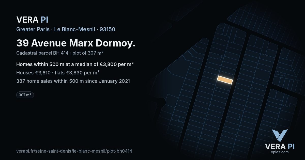 39 Avenue Marx Dormoy, Le Blanc-Mesnil at night – the plot lit, the parcels around coloured by the prices near them