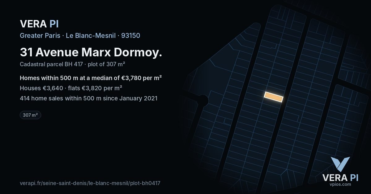 31 Avenue Marx Dormoy, Le Blanc-Mesnil at night – the plot lit, the parcels around coloured by the prices near them