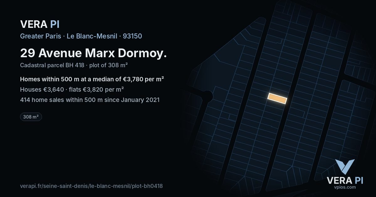 29 Avenue Marx Dormoy, Le Blanc-Mesnil at night – the plot lit, the parcels around coloured by the prices near them