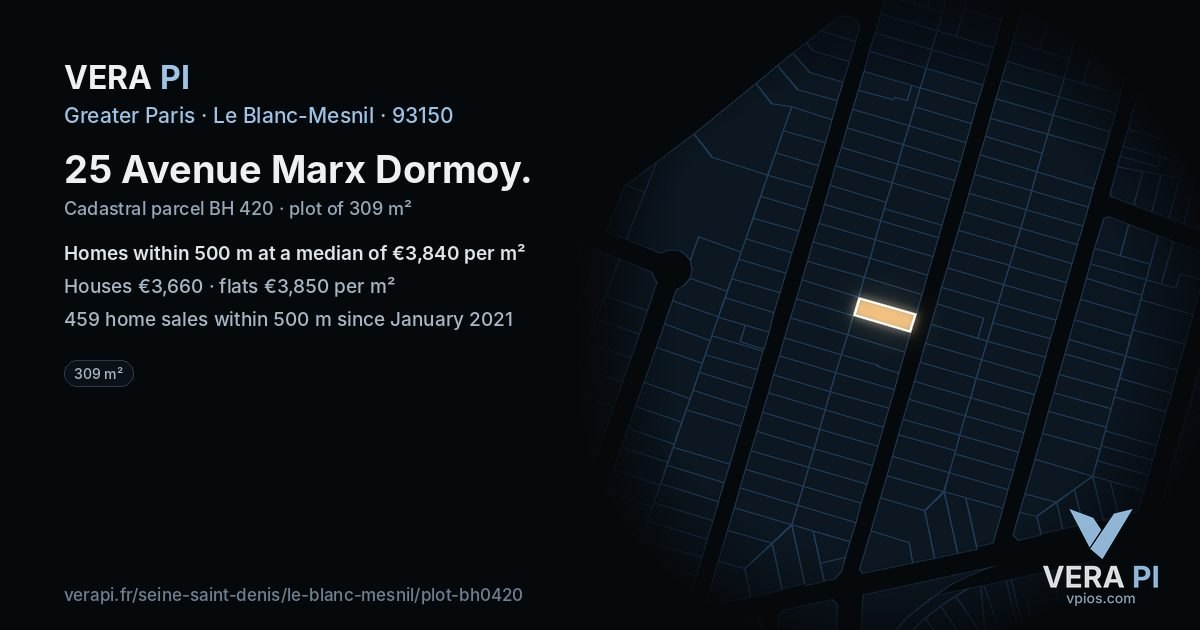 25 Avenue Marx Dormoy, Le Blanc-Mesnil at night – the plot lit, the parcels around coloured by the prices near them