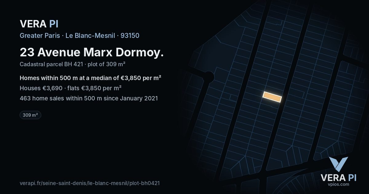 23 Avenue Marx Dormoy, Le Blanc-Mesnil at night – the plot lit, the parcels around coloured by the prices near them