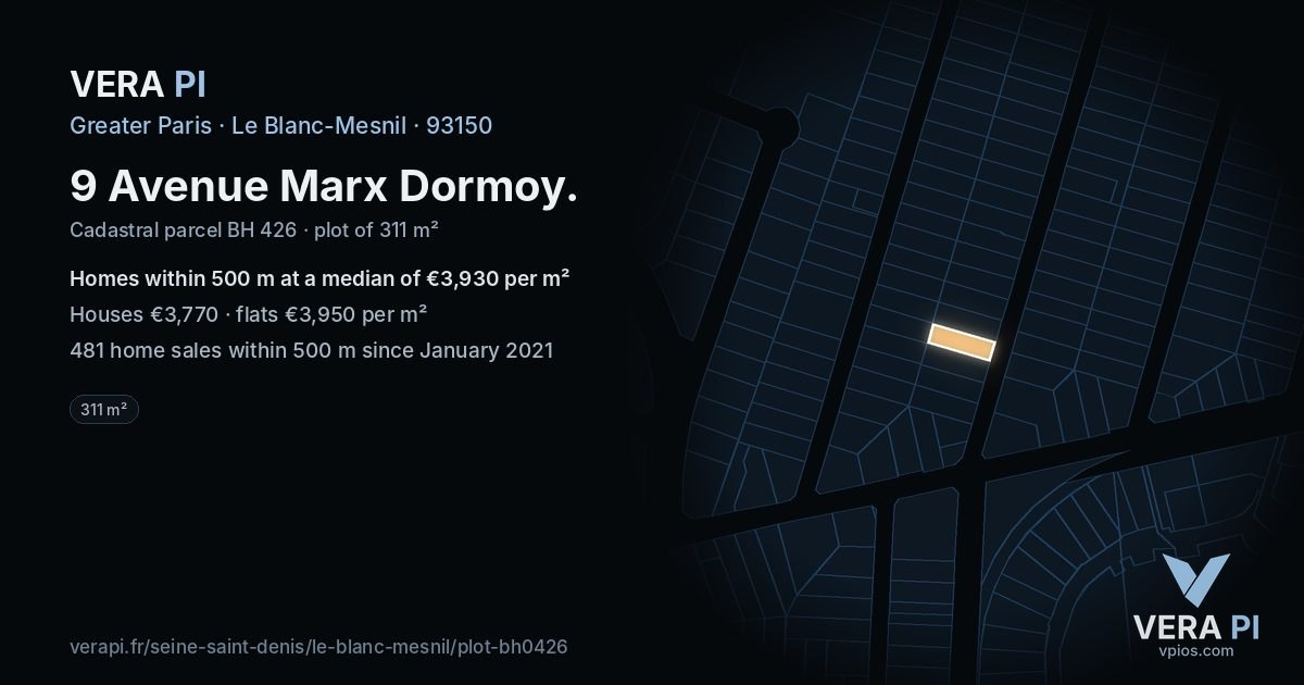 9 Avenue Marx Dormoy, Le Blanc-Mesnil at night – the plot lit, the parcels around coloured by the prices near them