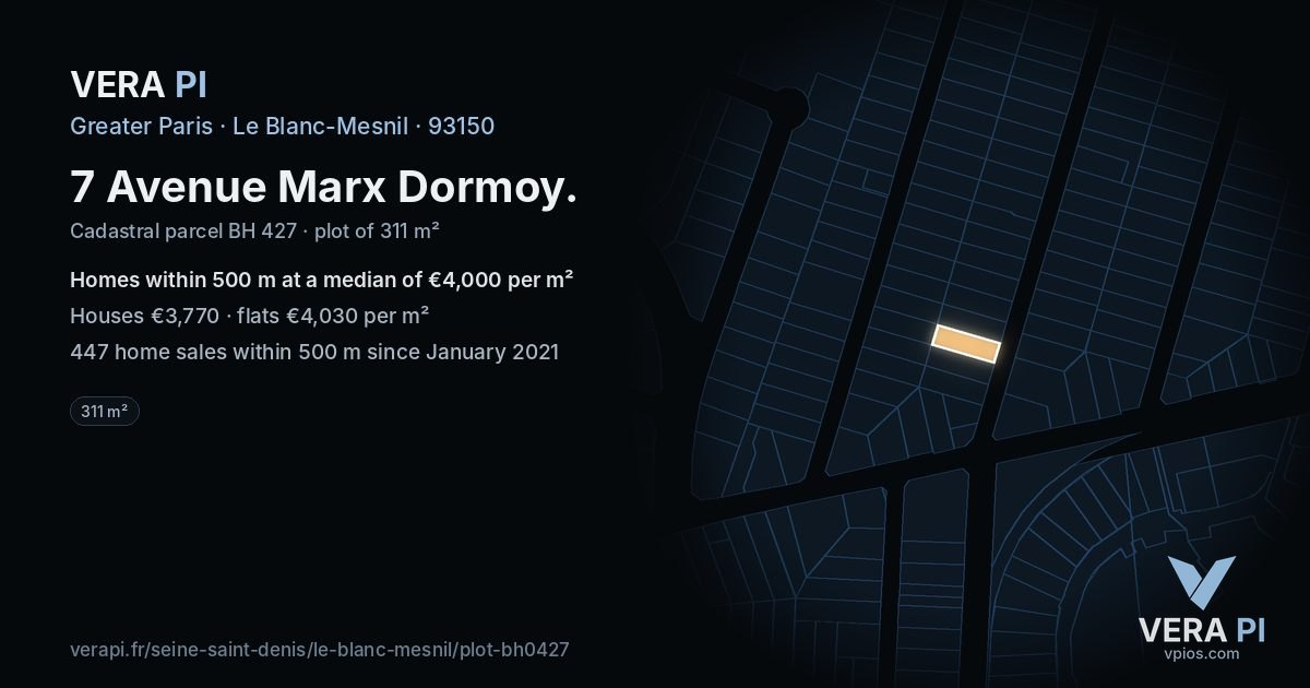 7 Avenue Marx Dormoy, Le Blanc-Mesnil at night – the plot lit, the parcels around coloured by the prices near them