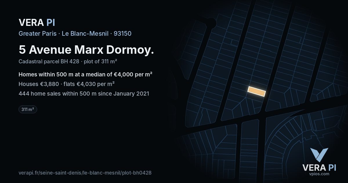 5 Avenue Marx Dormoy, Le Blanc-Mesnil at night – the plot lit, the parcels around coloured by the prices near them