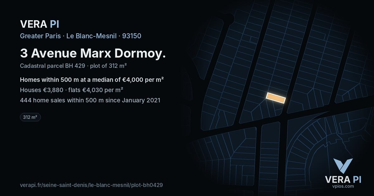3 Avenue Marx Dormoy, Le Blanc-Mesnil at night – the plot lit, the parcels around coloured by the prices near them