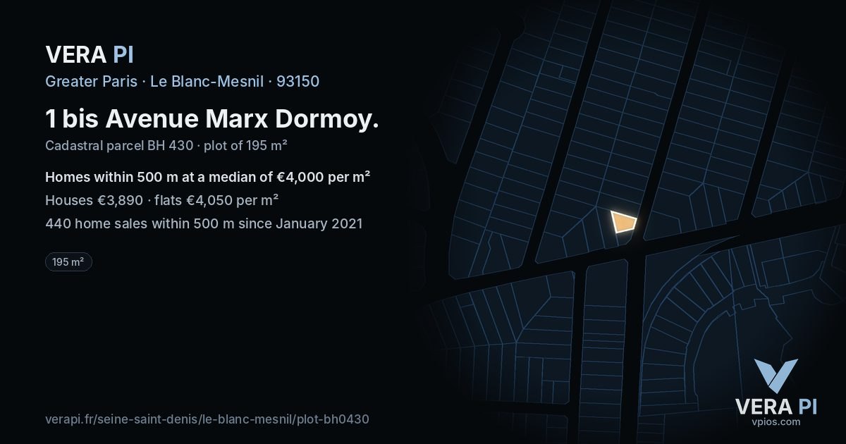 1 bis Avenue Marx Dormoy, Le Blanc-Mesnil at night – the plot lit, the parcels around coloured by the prices near them