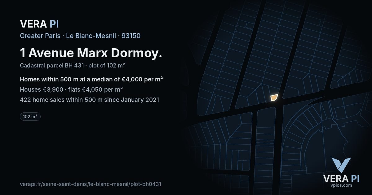 1 Avenue Marx Dormoy, Le Blanc-Mesnil at night – the plot lit, the parcels around coloured by the prices near them