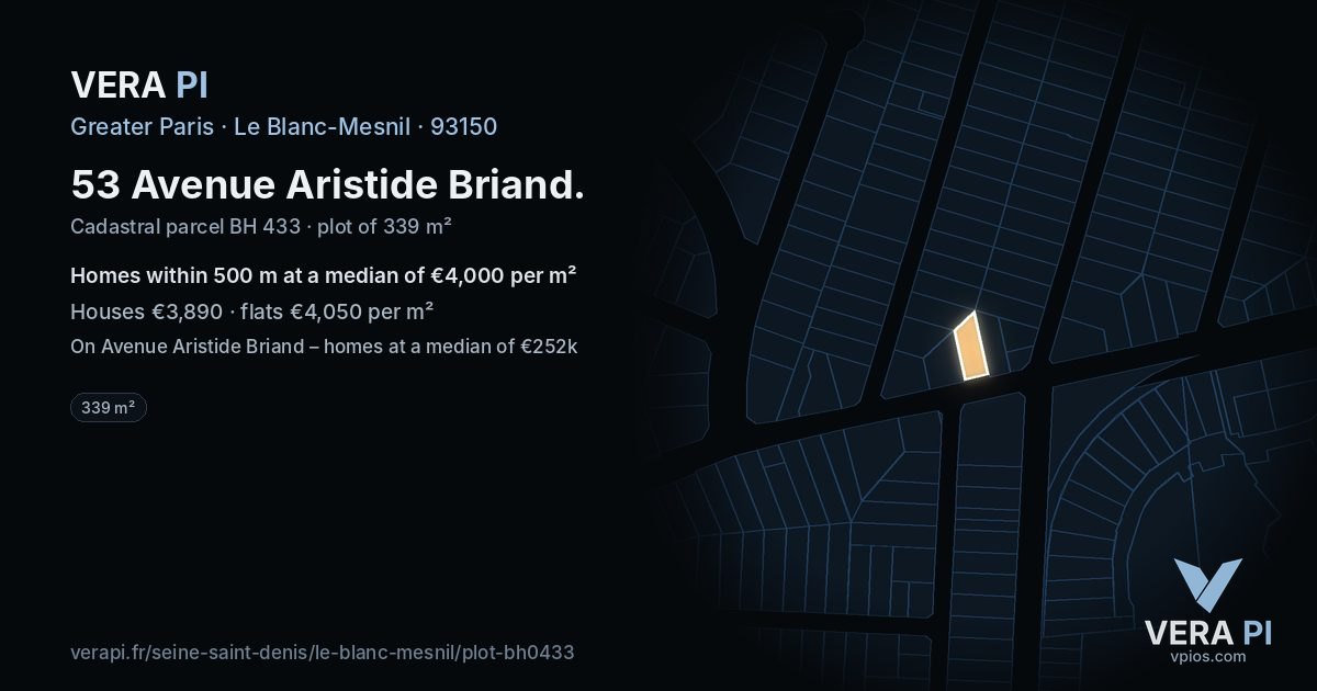53 Avenue Aristide Briand, Le Blanc-Mesnil at night – the plot lit, the parcels around coloured by the prices near them
