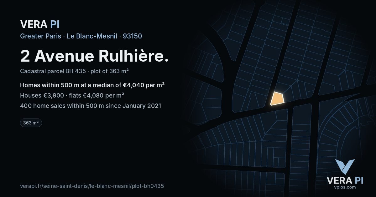 2 Avenue Rulhière, Le Blanc-Mesnil at night – the plot lit, the parcels around coloured by the prices near them