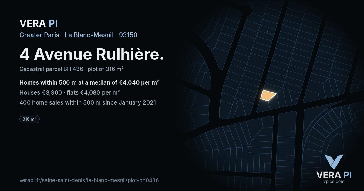 4 Avenue Rulhière, Le Blanc-Mesnil at night – the plot lit, the parcels around coloured by the prices near them