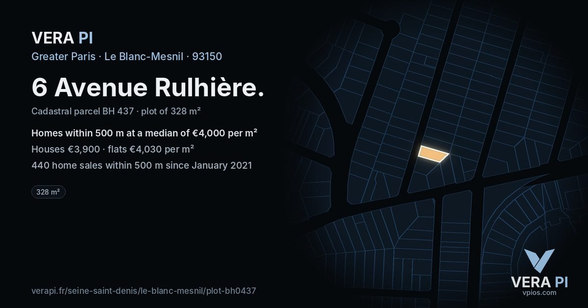 6 Avenue Rulhière, Le Blanc-Mesnil at night – the plot lit, the parcels around coloured by the prices near them
