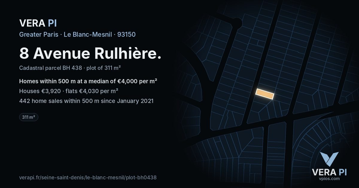 8 Avenue Rulhière, Le Blanc-Mesnil at night – the plot lit, the parcels around coloured by the prices near them