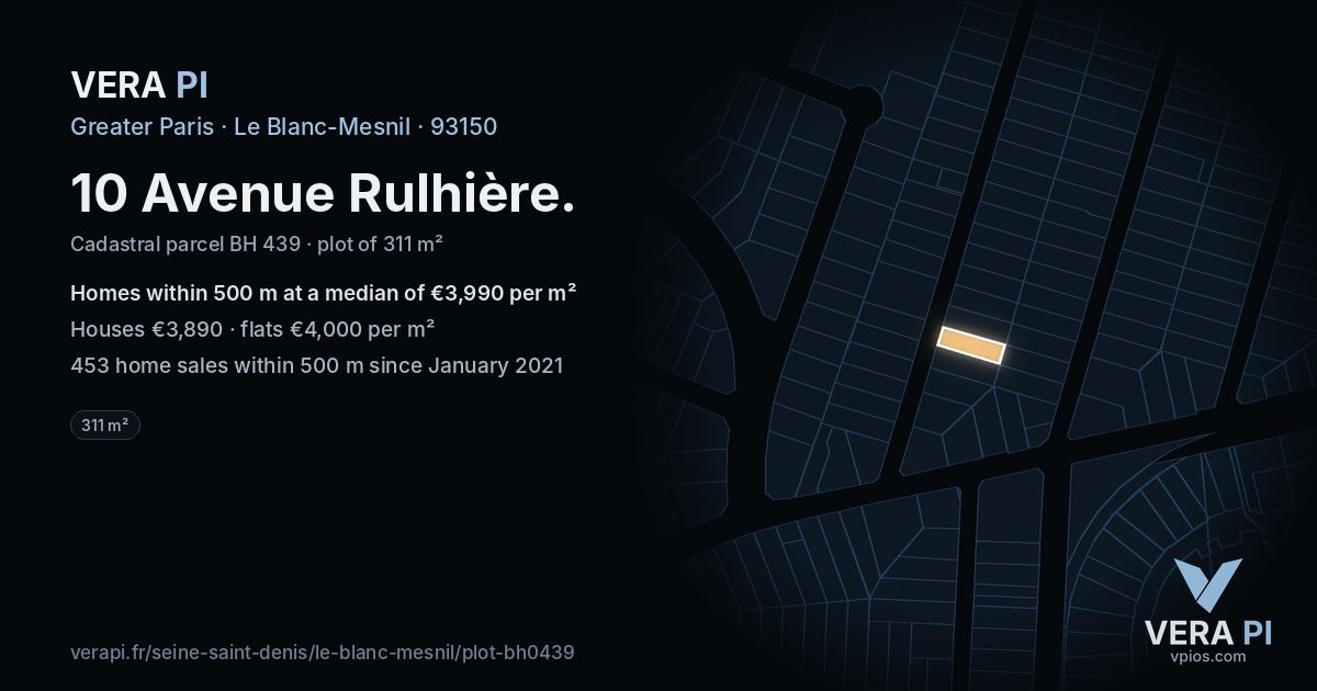 10 Avenue Rulhière, Le Blanc-Mesnil at night – the plot lit, the parcels around coloured by the prices near them