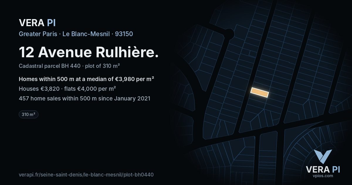 12 Avenue Rulhière, Le Blanc-Mesnil at night – the plot lit, the parcels around coloured by the prices near them