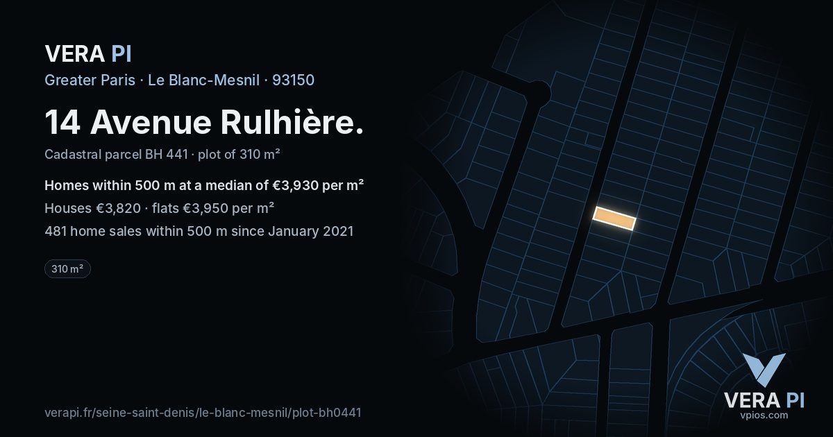14 Avenue Rulhière, Le Blanc-Mesnil at night – the plot lit, the parcels around coloured by the prices near them