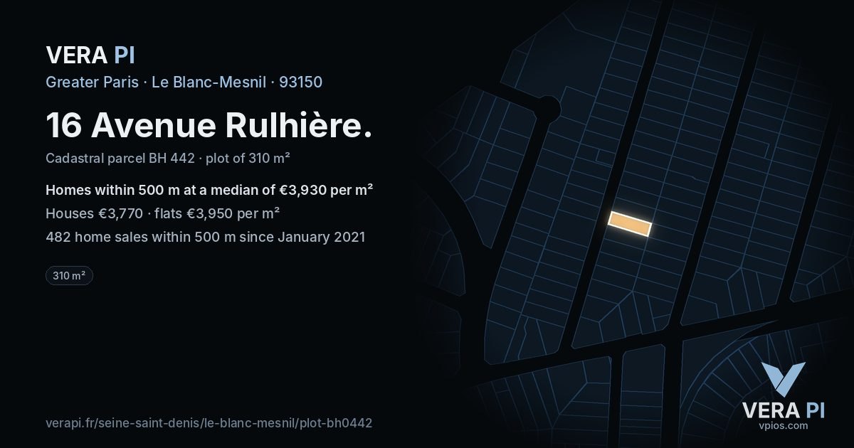 16 Avenue Rulhière, Le Blanc-Mesnil at night – the plot lit, the parcels around coloured by the prices near them