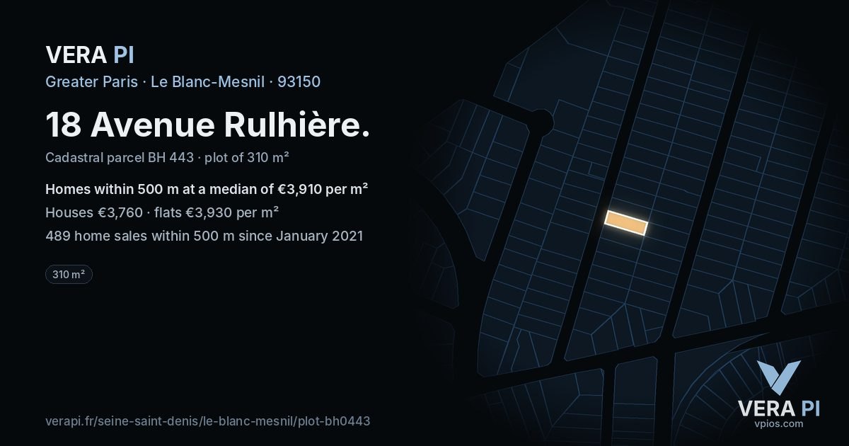 18 Avenue Rulhière, Le Blanc-Mesnil at night – the plot lit, the parcels around coloured by the prices near them