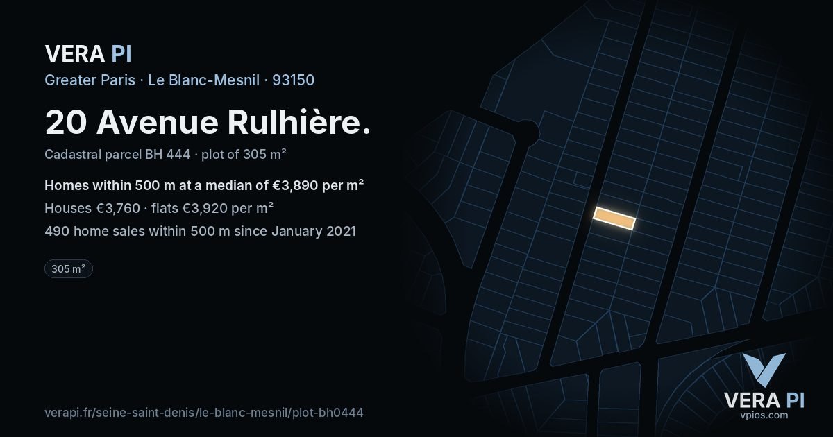 20 Avenue Rulhière, Le Blanc-Mesnil at night – the plot lit, the parcels around coloured by the prices near them